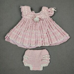 Vintage Handmade Crochet Baby Girl Dress Newborn Pink Lined W/ Diaper Cover EC